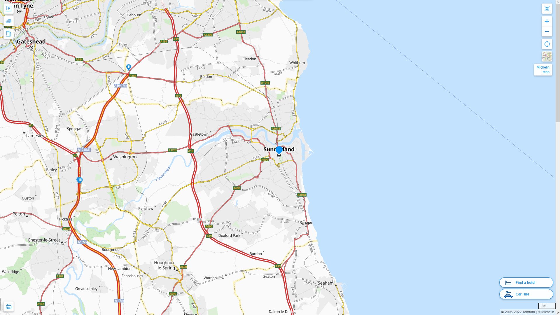 Sunderland Royaume Uni Autoroute et carte routiere